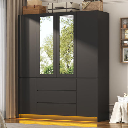 75"H Tall Modern 3 Doors Wooden Armoire Wardrobe Closet with 3 Drawers & 2 Mirror,Clothing Storage Cabinet with Hanging Rod,Bedroom Large Freestanding Armoires with Led Lights for Bedroom,White