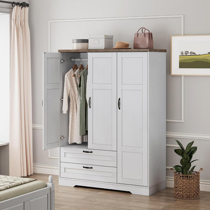 Brafab 62" Wooden Armoire Wardrobe Closet with Mirror, White, 3 Doors