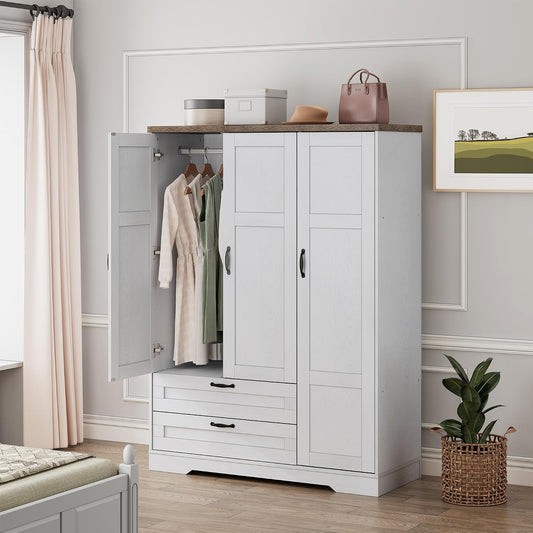 Brafab 62" Wooden Armoire Wardrobe Closet with Mirror, White, 3 Doors