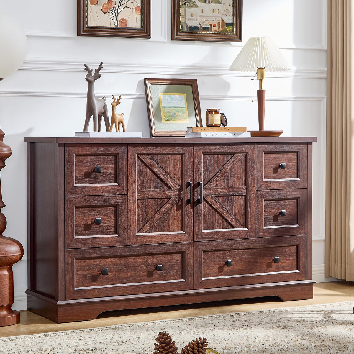 SOOWERY Farmhouse Dresser for Bedroom, Tall Chest of Drawers, Dark Cherry