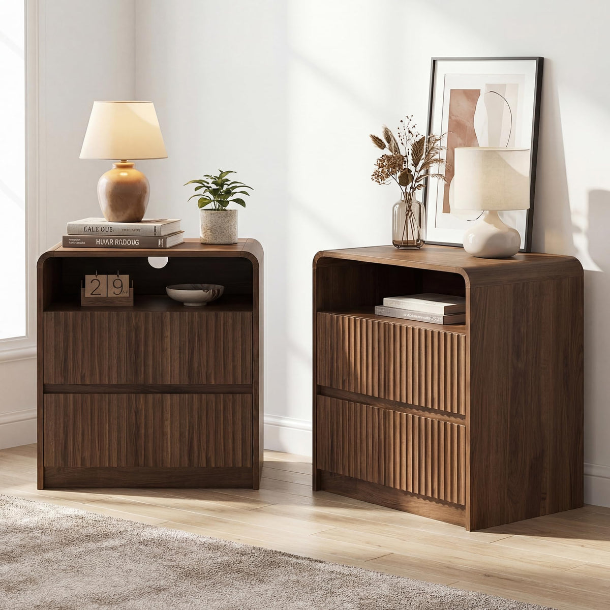 Seang Nightstand Set of 2,Fluted Nightstand with Charging Station,Wooden Bedside Table with Curved Profile Design,3 Drawers Storage,Large End Table for Bedroom,Walnut.