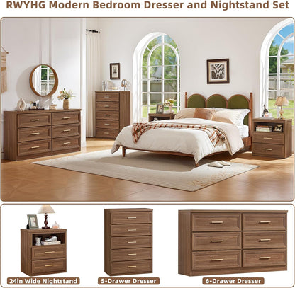 RWYHG 55.1" Wide Farmhouse 6 Drawers Dresser for Bedroom, Light Walnut