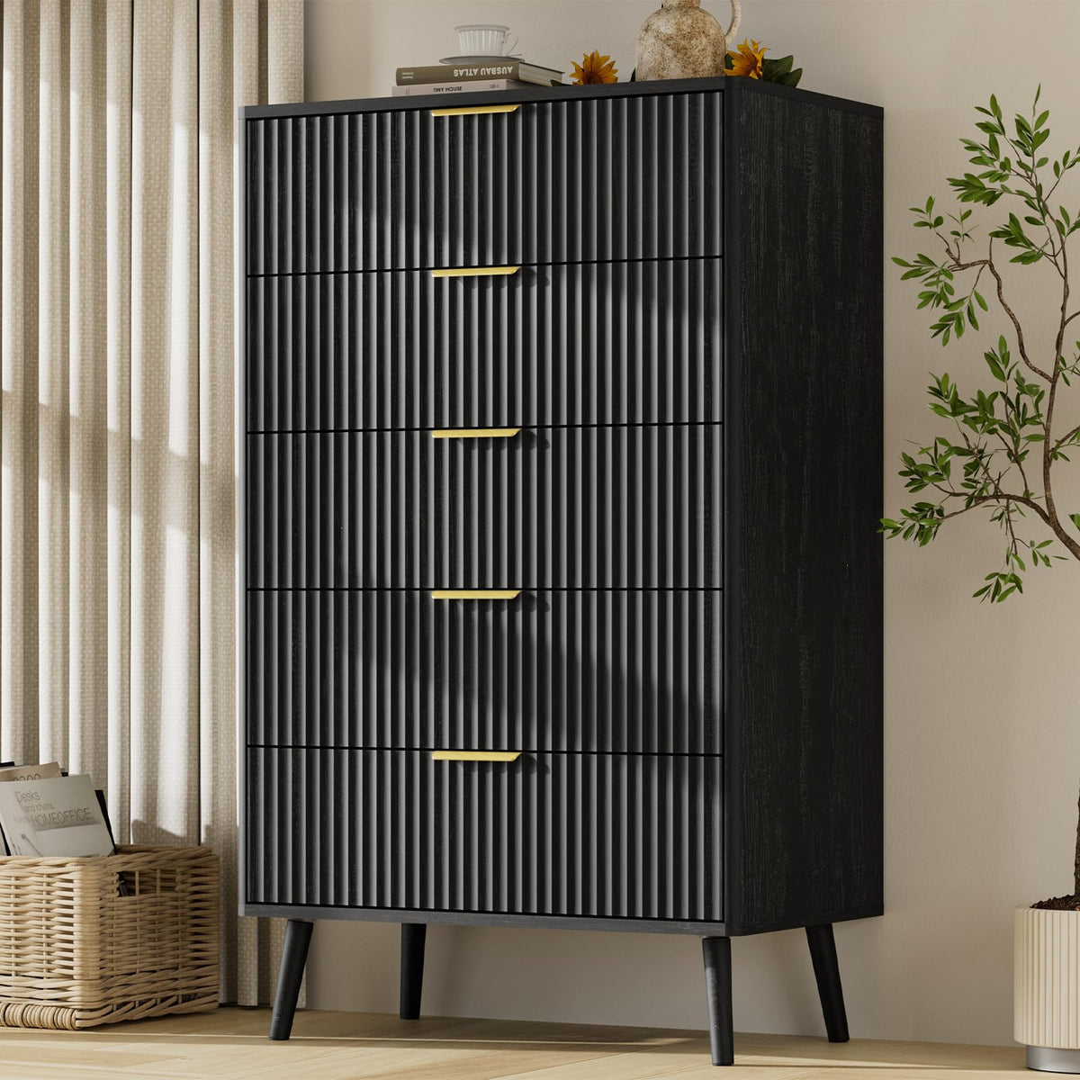 LYNSOM 55" Wide Fluted Dresser for Bedroom with 6 Drawer, Modern Chest of Drawers with Curved Profile Design and Metal Handles, Wood Dresser TV Stand & Storage Organizer for Living Room, Walnut