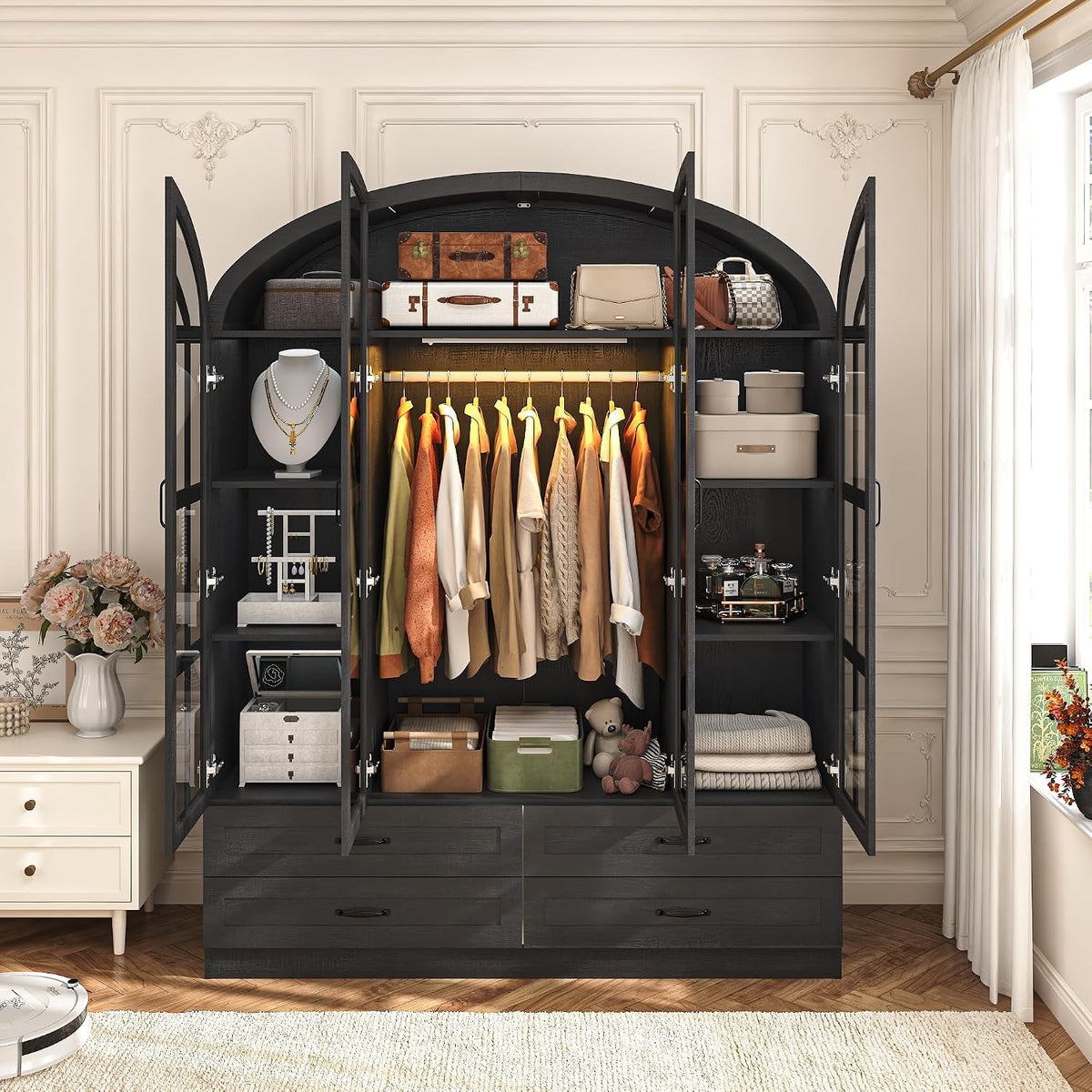 Squireewo 75" Arched Armoire Wardrobe Closet with Motion Sensor LED Light, 4 Windowpane Glass Doors and 4 Drawers, Large Wood Bedroom Storage Cabinet, Clothing Organizer with Anti-Tip Kit, Black