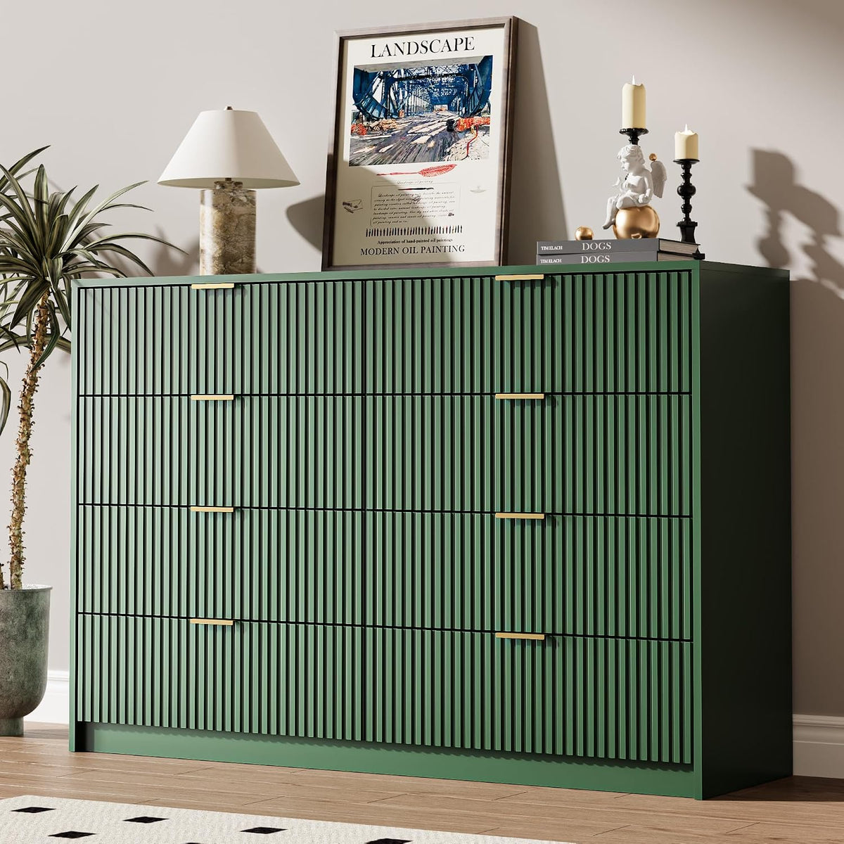 MAISONARIA 55" Wide Fluted 8-Drawer Double Dresser for Bedroom, Green