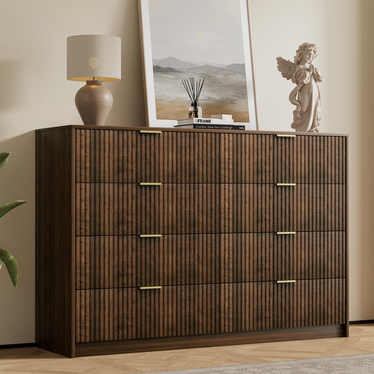 Furniway 55" Wide Green Dresser for Bedroom, Fluted 8 Drawer Dresser