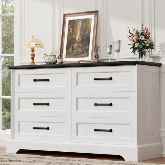 YESHOMY Dresser for Bedroom, Farmhouse 6 Drawers Dressers, White and Black