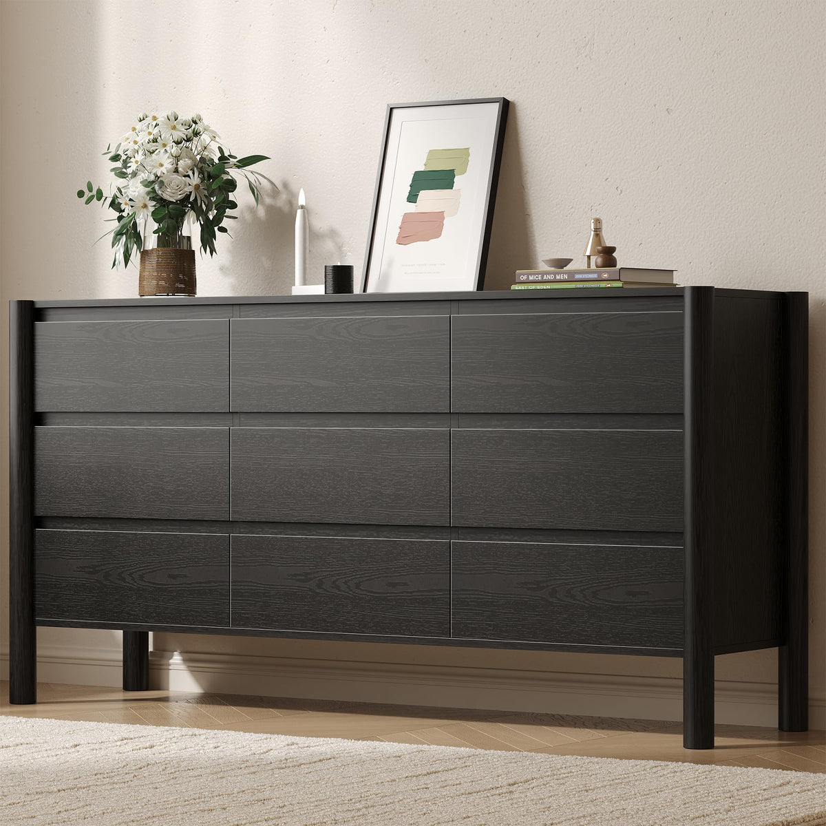 CHUWELL 63" Wide Walnut 9 Drawer Dresser for Bedroom with Solid Wood Legs
