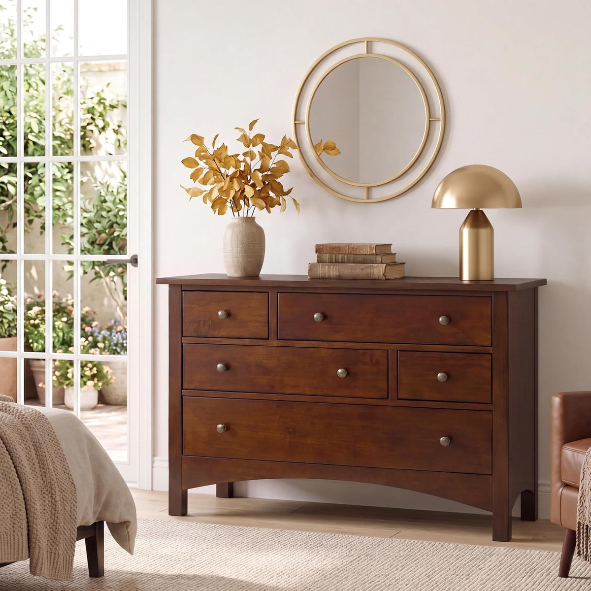 Jacob Solid Wood 5-Drawer Dresser for Bedroom, Living Room（Walnut）