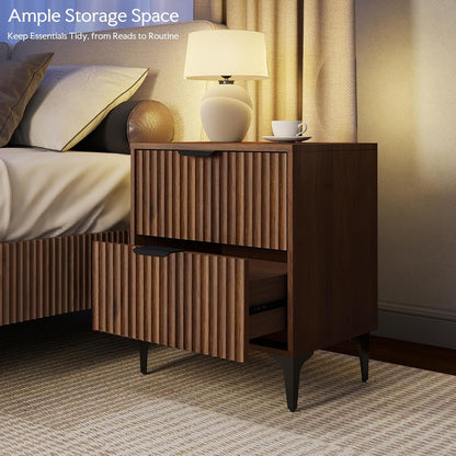 Walnut Fluted Nightstand Set of 2, Modern Night Stands with 2 Drawers