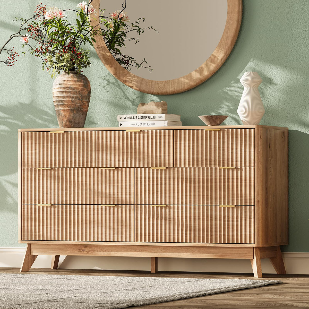 63" Wide Fluted 9 Drawers Dresser for Bedroom,Curved Edge,Oak