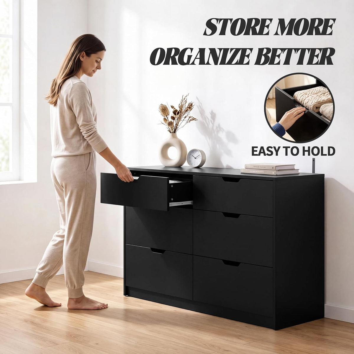 Furmax Dresser for Bedroom with 6 Drawers, 47.2" Modern Dressers, Black