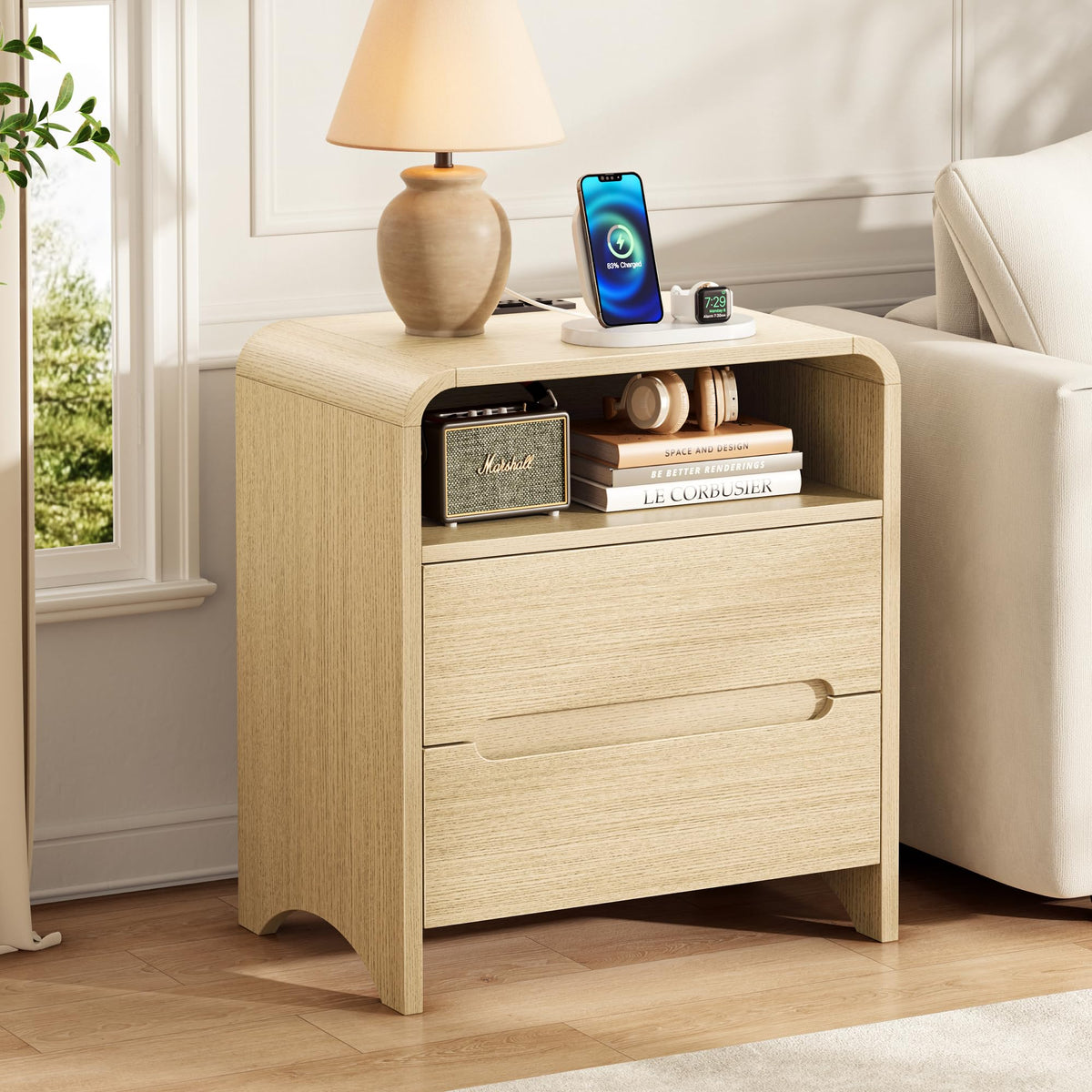 Decofy Nightstand Set of 2 with Charging Station & 2 Hidden Drawers, Walnut