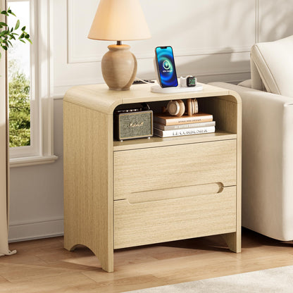 Decofy Nightstand Set of 2 with Charging Station & 2 Hidden Drawers, Walnut