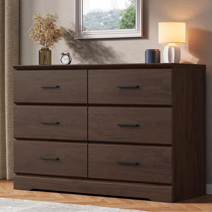 Jocoevol Brown 6 Drawer Dresser for Bedroom, Chest of Drawers with Silver Handle, Wood Storage Dresser with Deep Drawers for Bedroom, Living Room, Hallway Entryway (52.76 * 21.26 * 7.87 in)