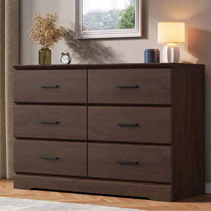 Jocoevol Brown 6 Drawer Dresser for Bedroom, Chest of Drawers with Silver Handle, Wood Storage Dresser with Deep Drawers for Bedroom, Living Room, Hallway Entryway (52.76 * 21.26 * 7.87 in)