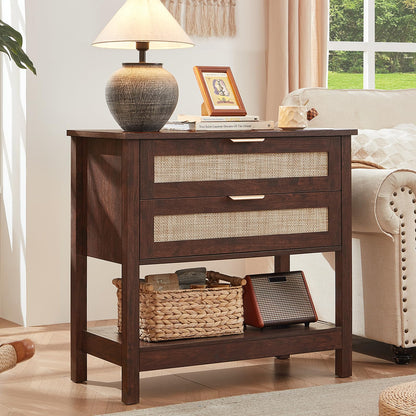 LEYAOYAO 26.8" Wide Rattan Nightstand, Large Boho 3 Drawer Night Stand