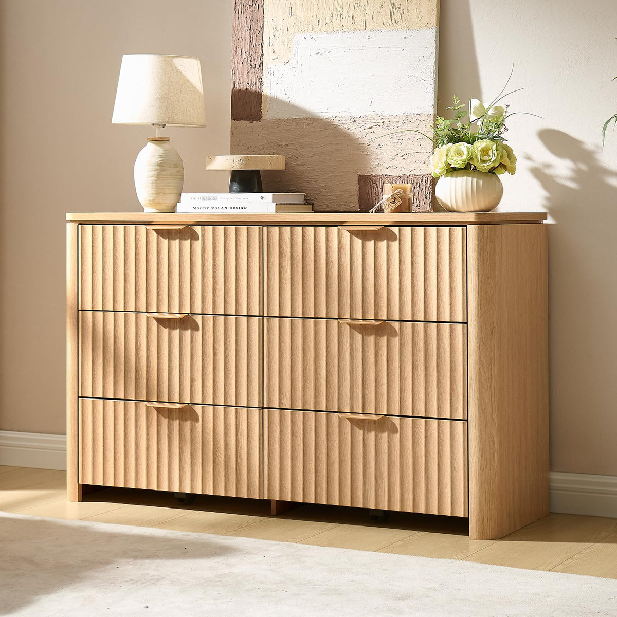 Fluted Nightstand Set of 2 with Charging Station, 23.7" Wide Modern End Table with 2 Drawers, Wooden Bedside Table for Bedroom, Curved Profile Design, Natural