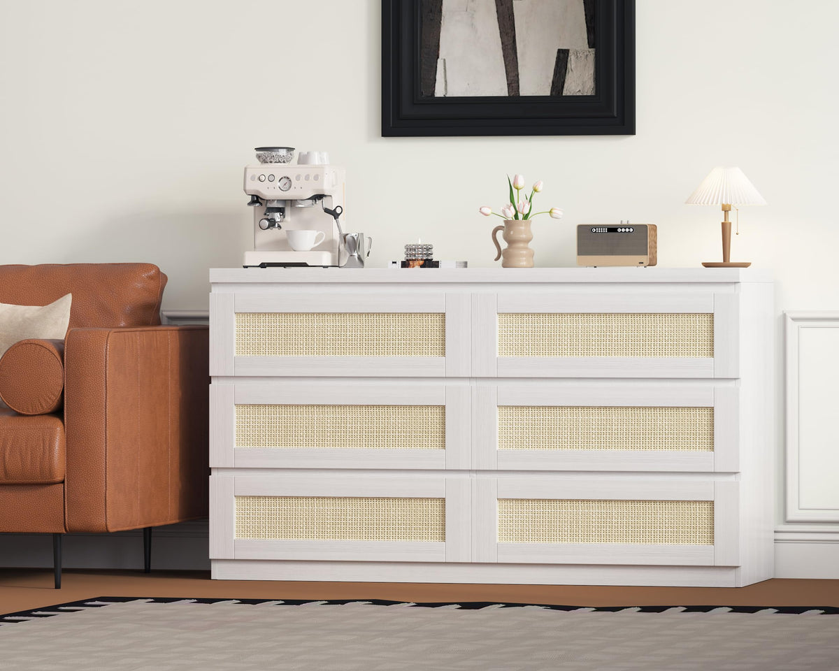 Garvee Rattan 6-Drawer Dresser for Bedroom - Slim Wooden Chest of Drawers, Durable Freestanding Storage Organizer Cabinet for Living Room and Entryway, Oak