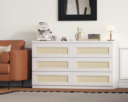 Garvee Rattan 6-Drawer Dresser for Bedroom - Slim Wooden Chest of Drawers, Durable Freestanding Storage Organizer Cabinet for Living Room and Entryway, Oak
