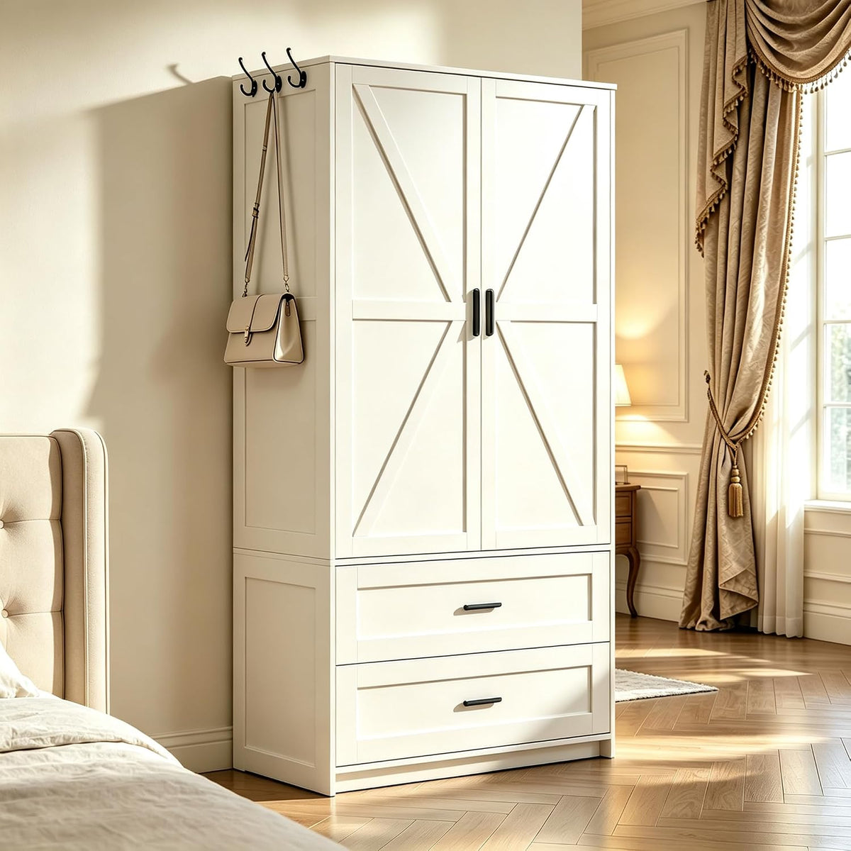 VVFLU 2 Doors Armoire Wardrobe with Mirror Motion Sensor LED Lights Wooden Bedroom Armoire with Removable Hanging Rod. Large Modern White Closet Equipped with 2 Drawers.