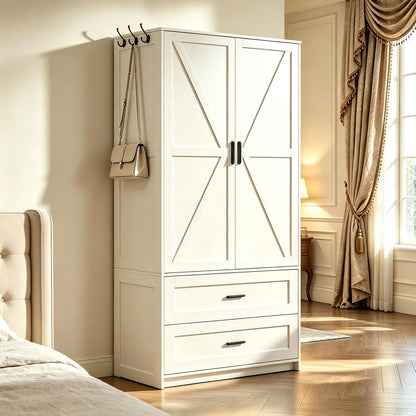 VVFLU 2 Doors Armoire Wardrobe with Mirror Motion Sensor LED Lights Wooden Bedroom Armoire with Removable Hanging Rod. Large Modern White Closet Equipped with 2 Drawers.