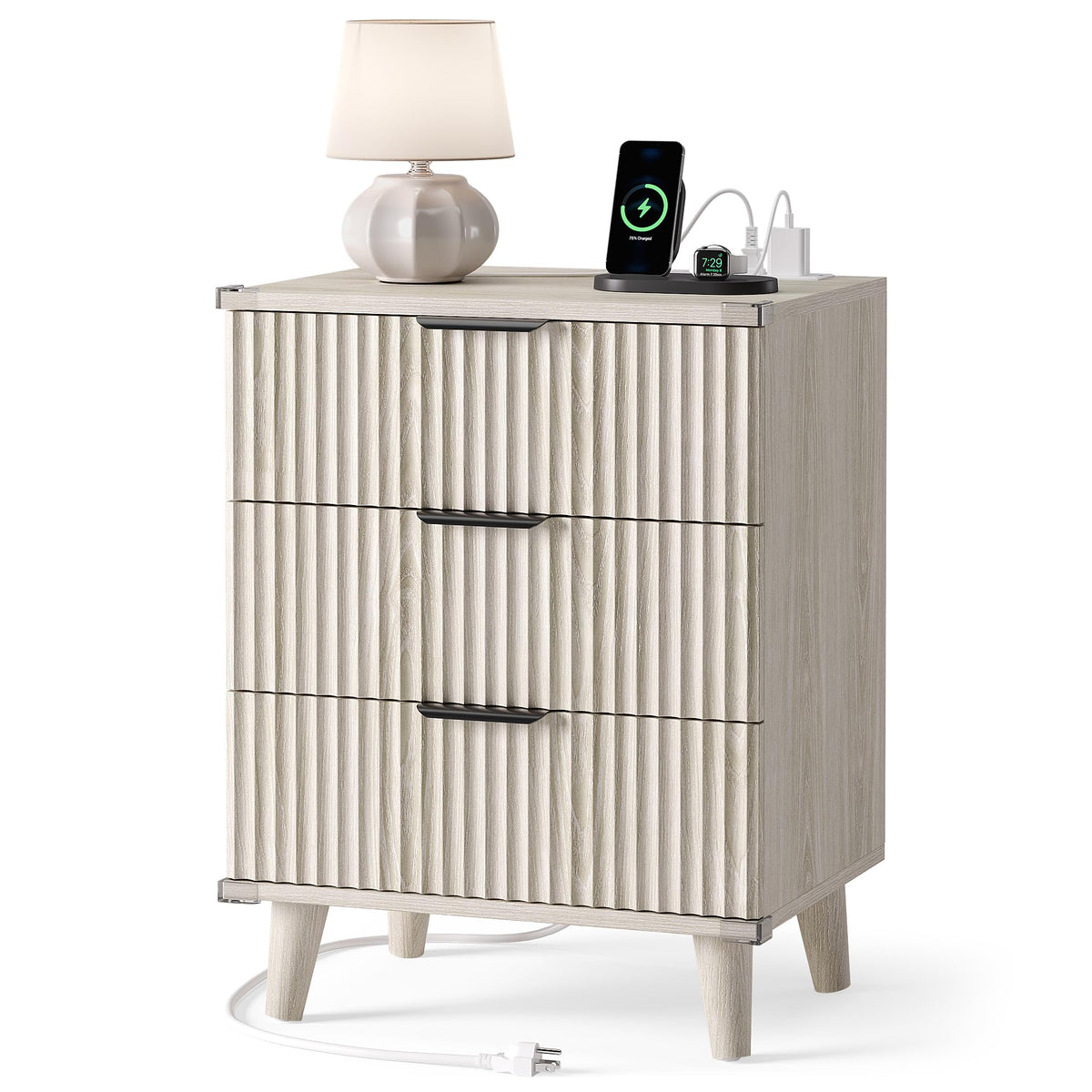 Night Stand Set 2, Fluted Wood Nightstands w/Charging Station for Bedroom