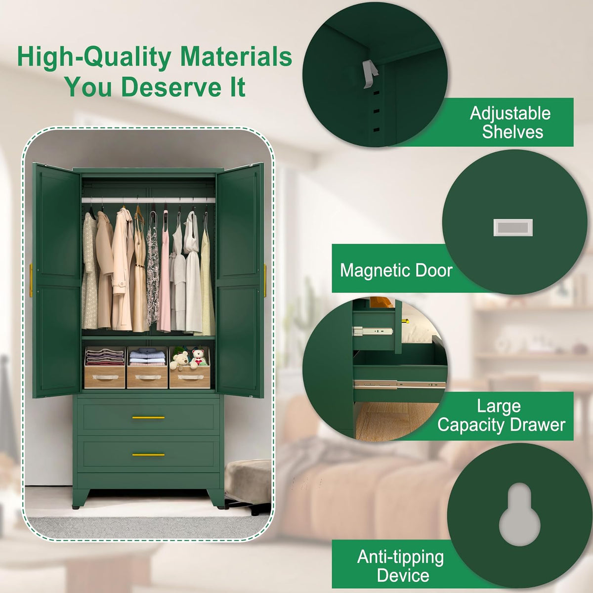 71" Metal Armoire Wardrobe Closet, Tall Clothing Storage Cabinet, Green