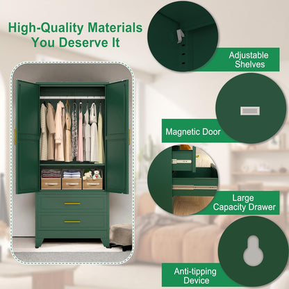 71" Metal Armoire Wardrobe Closet, Tall Clothing Storage Cabinet, Green