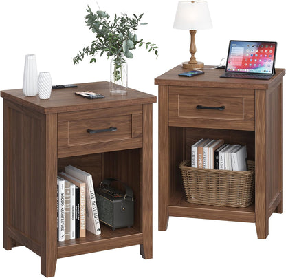 Decofy Farmhouse Nightstand Set of 2 with Charging Station, Walnut