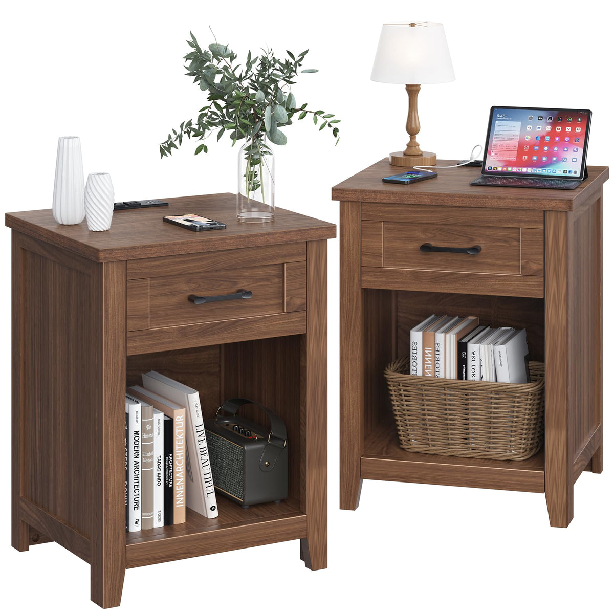 Decofy Farmhouse Nightstand Set of 2 with Charging Station, Walnut