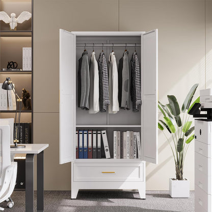 COFaR Wardrobe Closet, 71” Tall Metal Armoire with Hanging Rod, Adjustable Shelf & Drawer, Freestanding Steel Clothing Storage Cabinet with Doors for Bedroom, Office, Apartment (White)