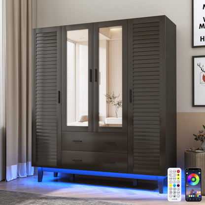 Hlivelood 3 Door Armoire Wardrobe Closet Cabinet with Drawers and LED Lights, Multi-Tier Shelves, Hanging Rod & 3 Louver Doors, Large Capacity Storage Wardrobe Armoire for Bedroom, White