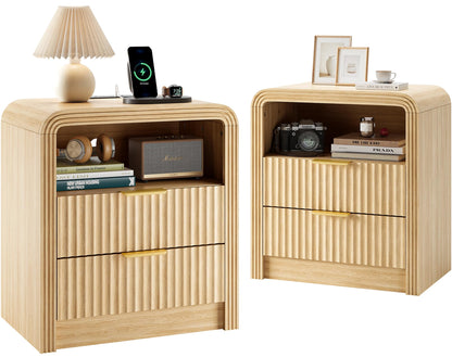 Decofy Fluted Nightstand Set of 2 with Charging Station, 2 Drawers, Walnut