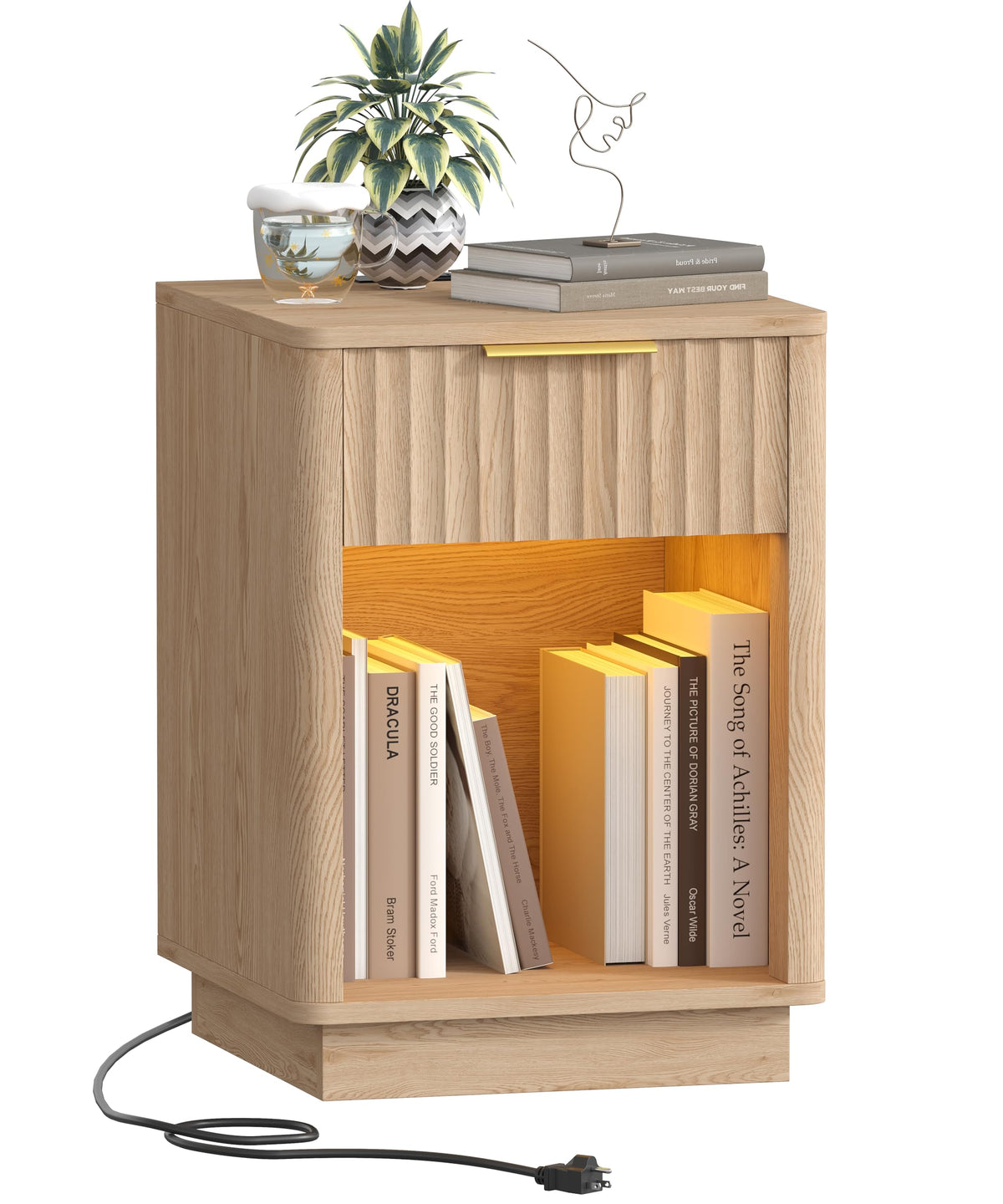 Akxomel Fluted Nightstand Set 2 Bedside Table with Charging Station Black