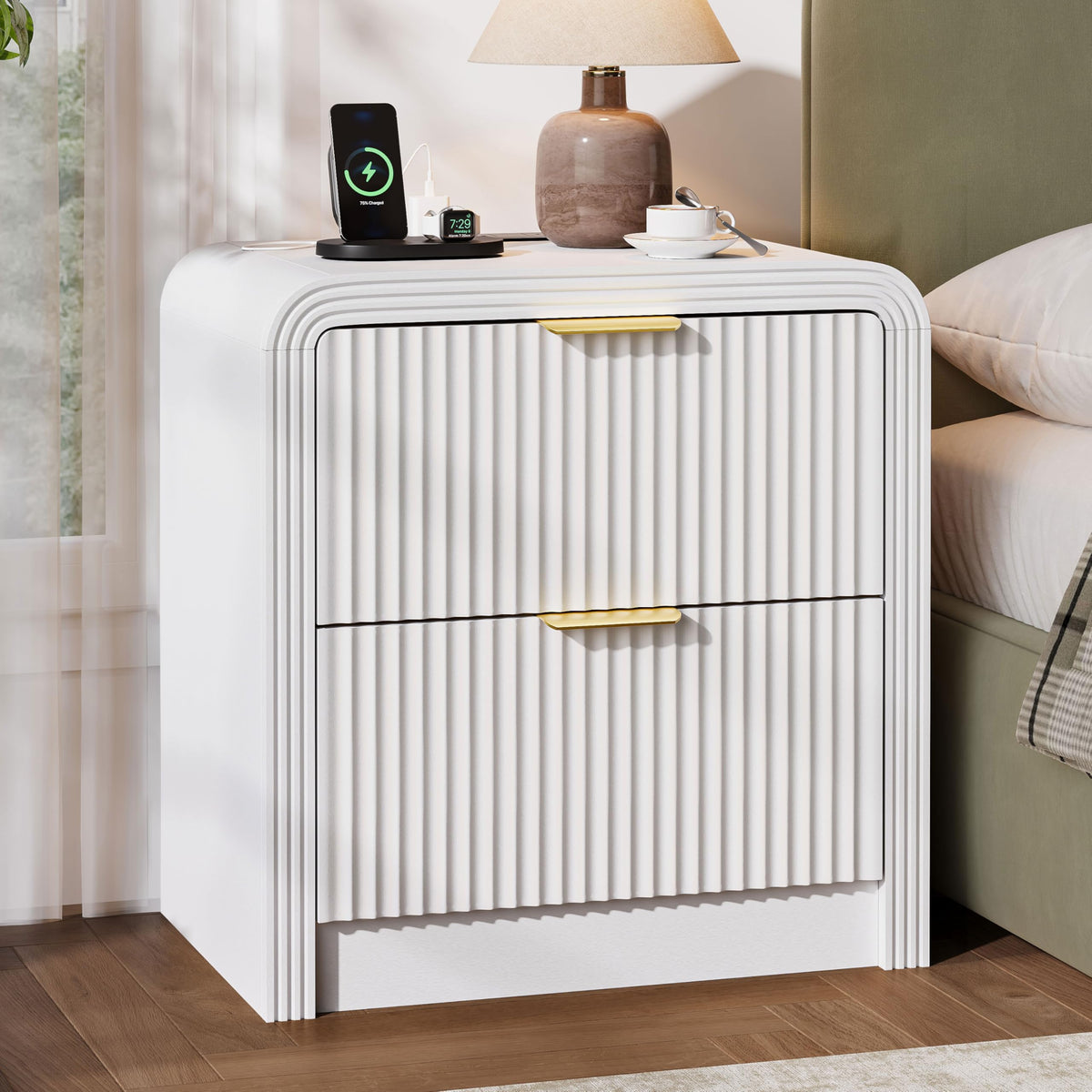 Decofy 23'' Wide Fluted Nightstand Set of 2 with Charging Station, Walnut