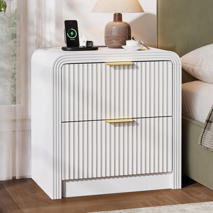 Decofy 23'' Wide Fluted Nightstand Set of 2 with Charging Station, Walnut