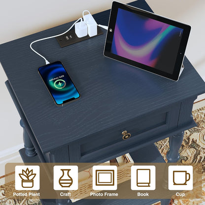 ARTPOWER Nightstands Set of 2 with Charging Station & Storage Shelf, Blue