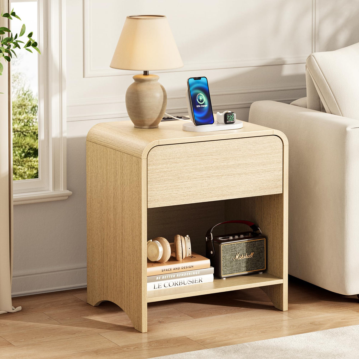 Decofy Nightstand Set of 2 with Charging Station & 2 Hidden Drawers, Walnut
