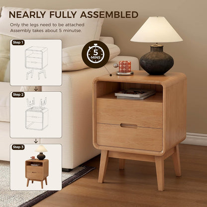 Solid Wood Nightstand Set of 2, Mid Century Modern Nightstand with Drawers, Natural Wood Nightstand with Storage, Wooden Night Stand, Small Nightstands, Bedside Table for Bedroom(23.23" H)