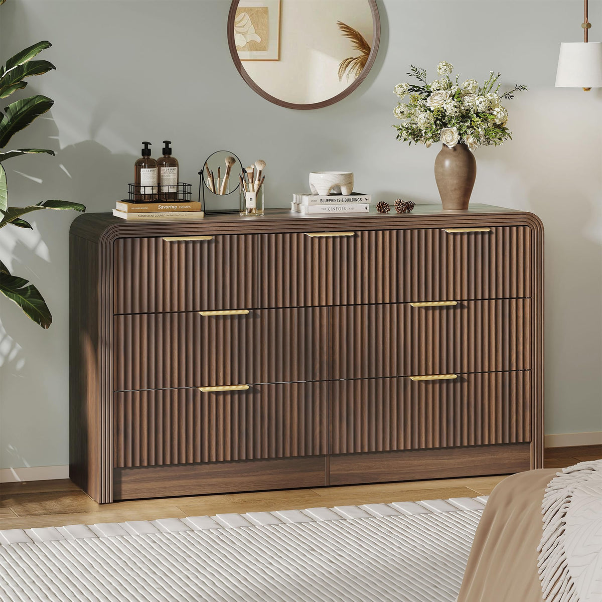 Decofy 47" W Fluted 6-Drawer Dresser for Bedroom, Walnut