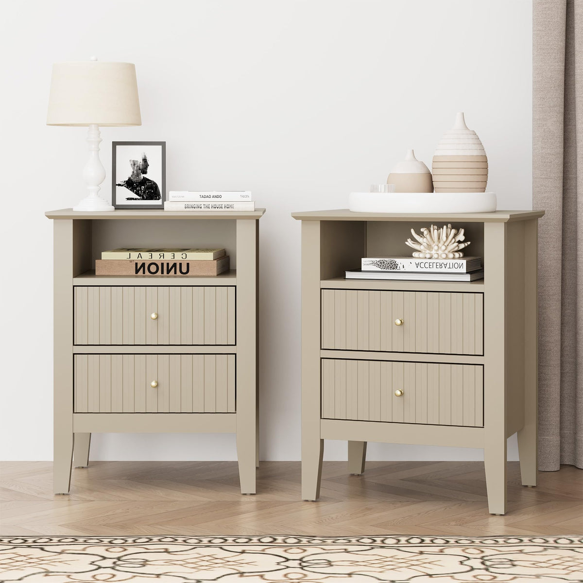 RoyalCraft 32" Large Nightstand Set of 2, Fluted Painted Bedside Table with 3 Spacious Drawers, Modern Tall End Table for Bedroom, Beige