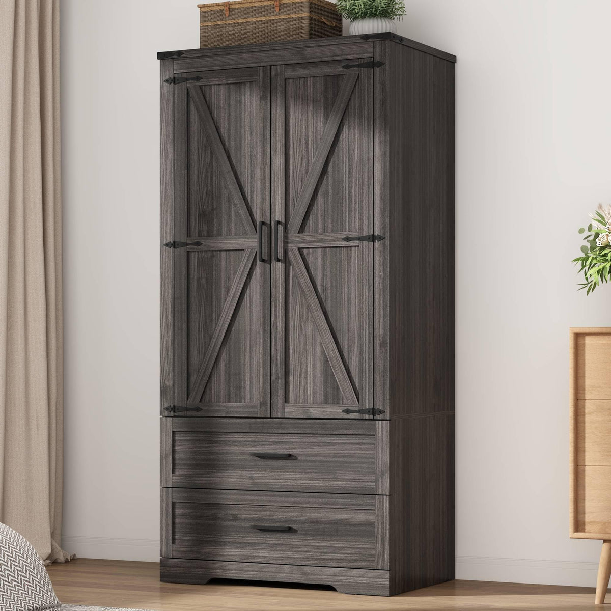 Hlivelood 4 Doors Wardrobe Armoire Closet with Doors and Drawers, Farmhouse Wooden Armoire Storage Cabinet with Shelves & Hanging Rod for Bedroom, Grey