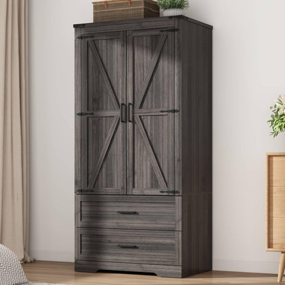 Hlivelood 4 Doors Wardrobe Armoire Closet with Doors and Drawers, Farmhouse Wooden Armoire Storage Cabinet with Shelves & Hanging Rod for Bedroom, Grey