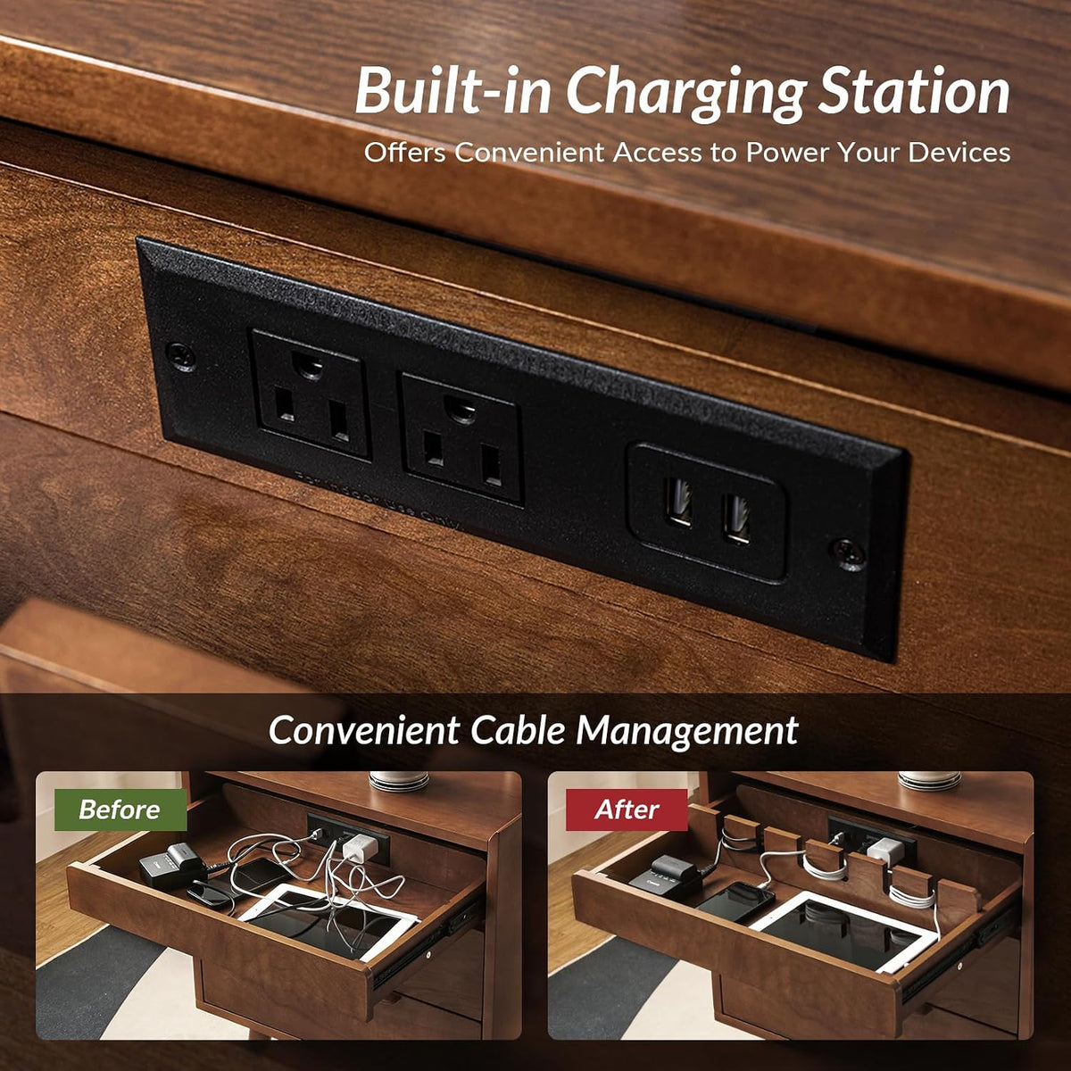 HULALA HOME 2-Drawer End Table with Charge Station, Set of 2 Walnut