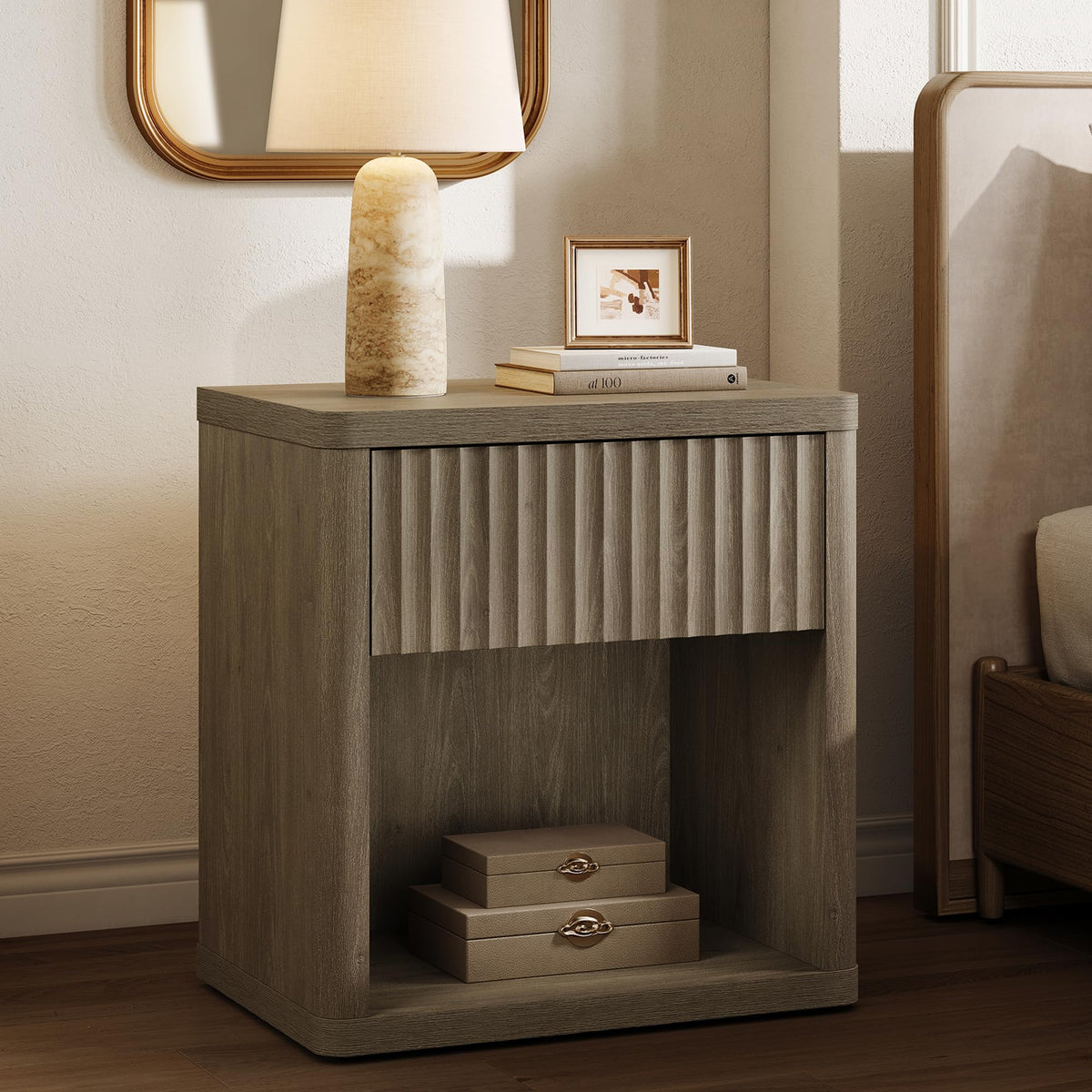 SICOTAS Night Stand Set of 2 Nightstands with Drawer Storage Fluted Bed Side Table End Table Large Modern Wide Bedside Stand Mid Century Night Stands for Bedroom Living Room Sofa Office, White Alder