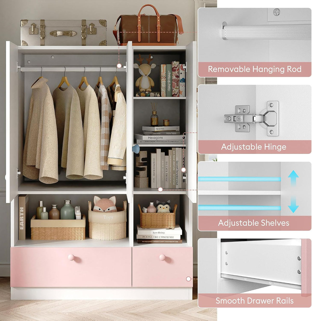 White Armoire Wardrobe Closet with Hanging Rod - Freestanding 3-Door Wooden Wardrobe Cabinet Closet for Bedroom & Dorm, Bedroom Armoires, Features Adjustable Shelves and Drawers for Toys & Clothes