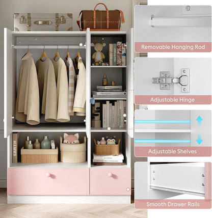 White Armoire Wardrobe Closet with Hanging Rod - Freestanding 3-Door Wooden Wardrobe Cabinet Closet for Bedroom & Dorm, Bedroom Armoires, Features Adjustable Shelves and Drawers for Toys & Clothes