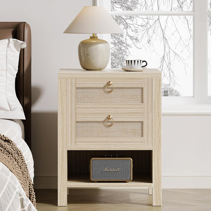 Rattan Nightstand with Charging Station - Boho Night Stand with 2 Drawers