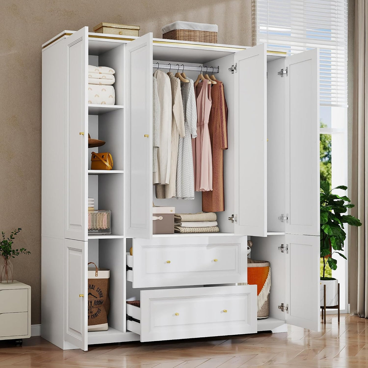 White Wardrobe Closet with 2 Drawers and 4 Doors, 74" H x 59" W